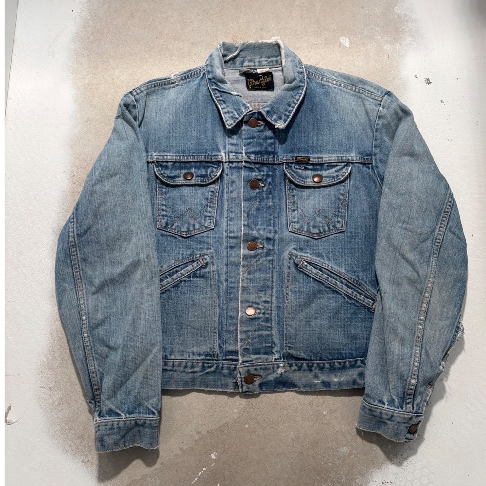 Vintage Wrangler Denim Jacket Light Wash Distressed Trucker Made in USA Size 44